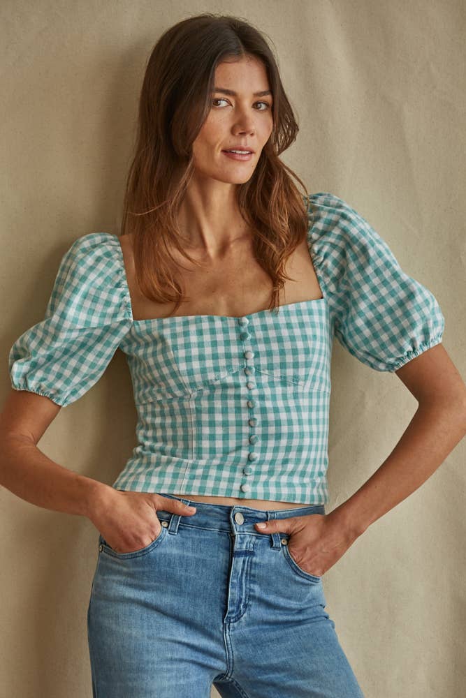 COUNTRY ROAD CHECKERED SMOCKED TOP BLOUSE BY TOGETHER MINT S 